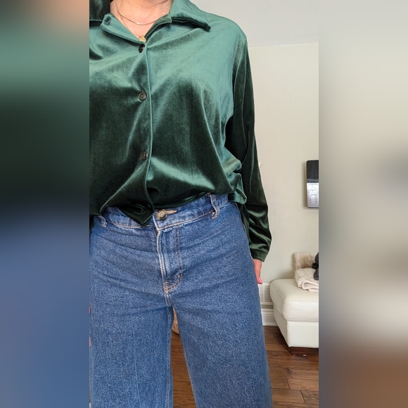 Retro Carol Reed Collection Women's Green Blouse Stretch Velvet Like Button-Up L - Picture 3 of 16